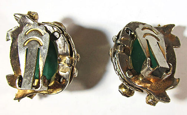 Vintage 1940s Art Nouveau Style Jade and Rhinestone Earrings - Back