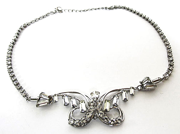 Vintage 1940s Sterling Silver Clear Rhinestone Necklace - Front