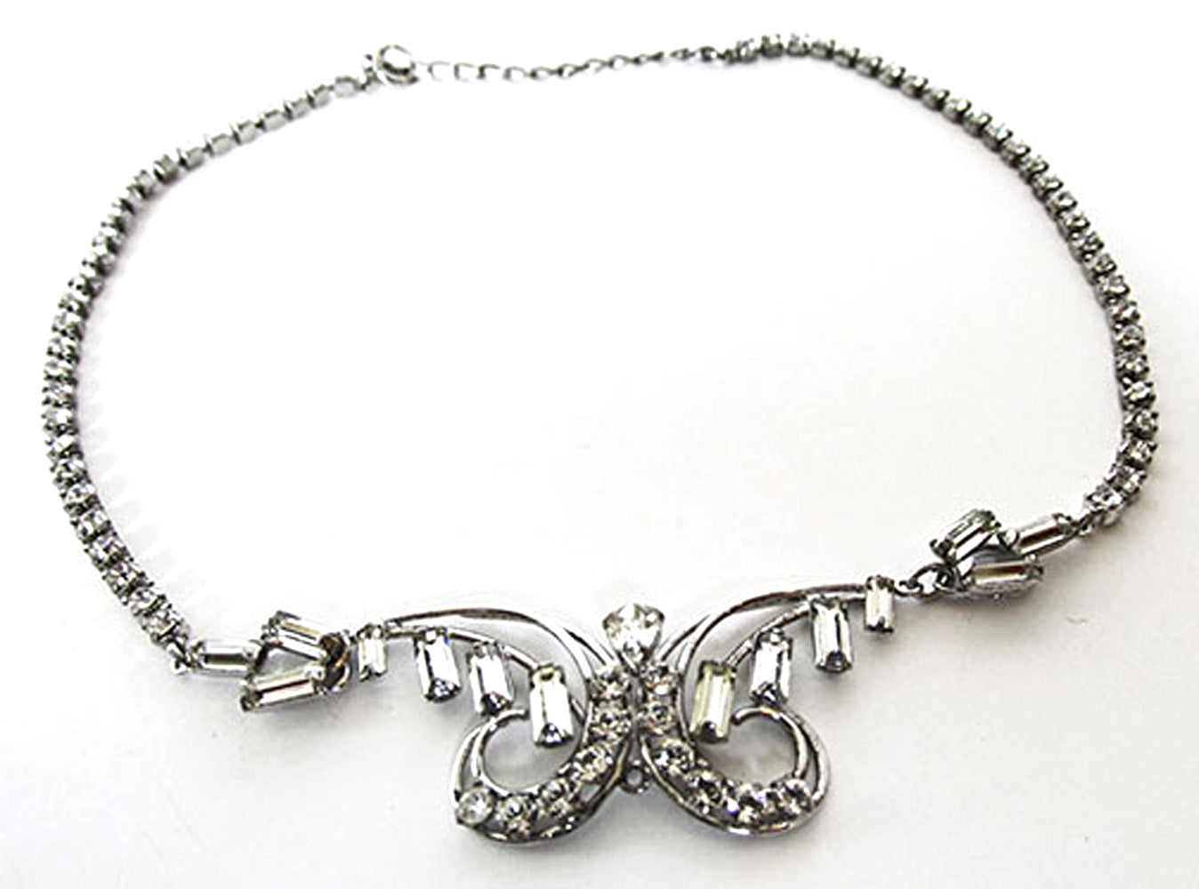 Vintage 1940s Sterling Silver Clear Rhinestone Necklace - Front