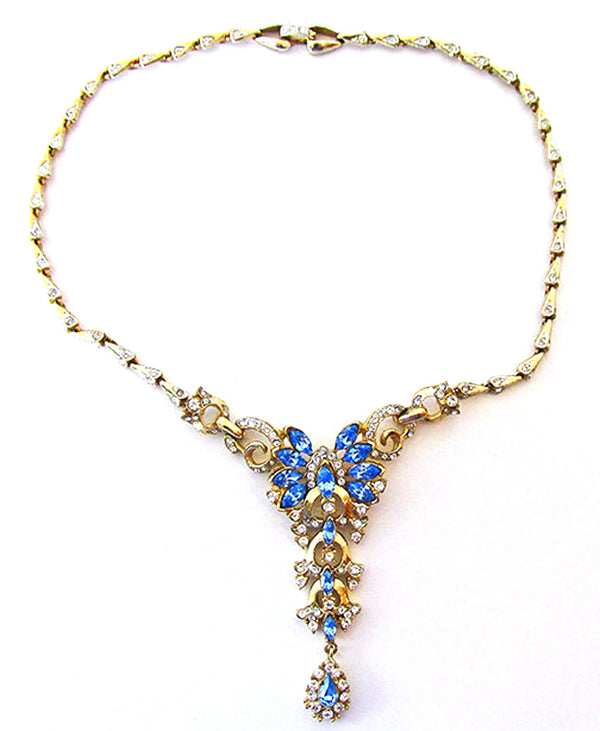 Exquisite Signed Coro Vintage 1940s Sapphire Blue Drop Necklace - Front