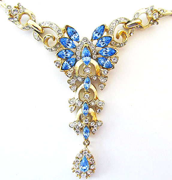 Exquisite Signed Coro Vintage 1940s Sapphire Blue Drop Necklace - Front Close Up