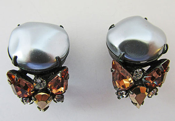 Vintage 1950s Grey Pearl, Topaz, Gold, and Clear Rhinestone Earrings - Front