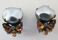 Vintage 1950s Grey Pearl, Topaz, Gold, and Clear Rhinestone Earrings - Front - Thumbnail