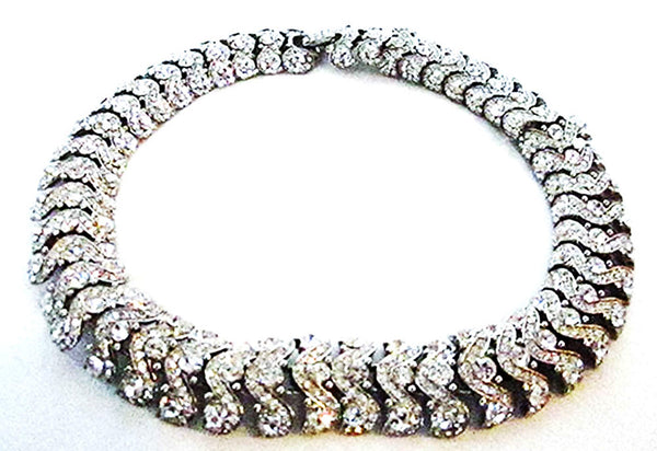 Vintage 1950s Clear Rhinestone and Silver Statement Necklace - Front