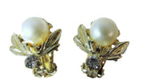 Vintage 1950s Ivory-Colored Pearl and Rhinestone Floral Earrings - Front