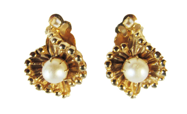 Vintage 1950s Ivory-Colored Pearl and Gold Clip-On Earrings - Front
