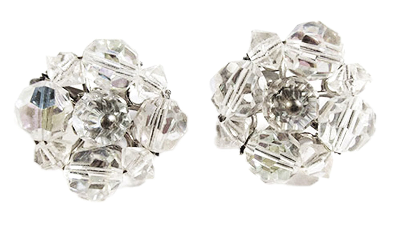 Beautiful Vintage 1950s Clear Crystal Bead Silver-Toned Earrings - Front