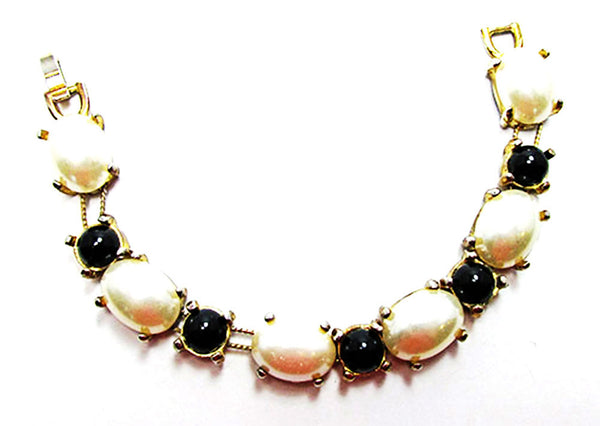 Vintage 1960s Distinctive Mid-Century Pearl and Onyx Slide Bracelet - Front