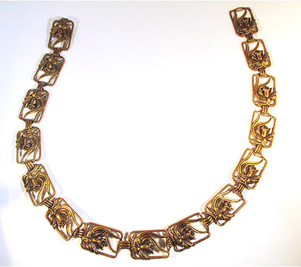 Vintage 1940s Striking Art Nouveau Style Brass Floral Link Belt - Front