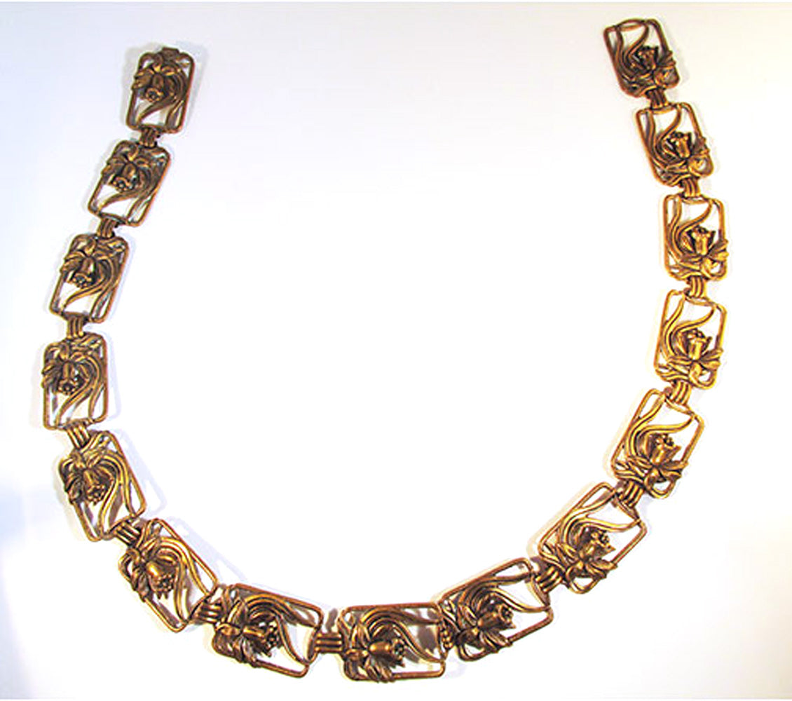 Vintage 1940s Striking Art Nouveau Style Brass Floral Link Belt - Front