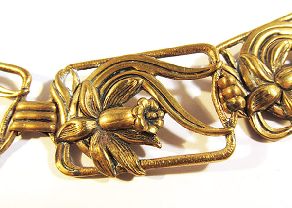 Vintage 1940s Striking Art Nouveau Style Brass Floral Link Belt - Close Up