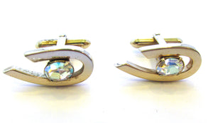 Signed Swank 1950s Men’s Gold and Diamante Cufflinks - Front