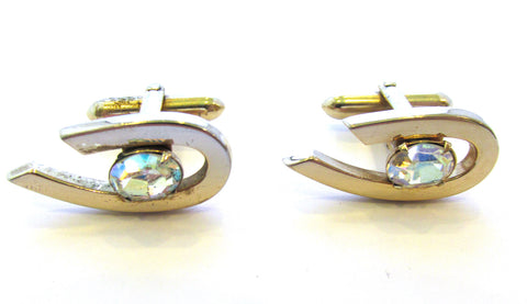 Signed Swank 1950s Men’s Gold and Diamante Cufflinks - Front