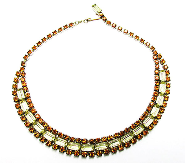 Vintage 1950s Mid-Century Citrine and Topaz Rhinestone Gold Necklace - Front