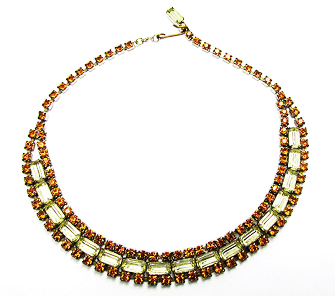 Vintage 1950s Mid-Century Citrine and Topaz Rhinestone Gold Necklace - Front