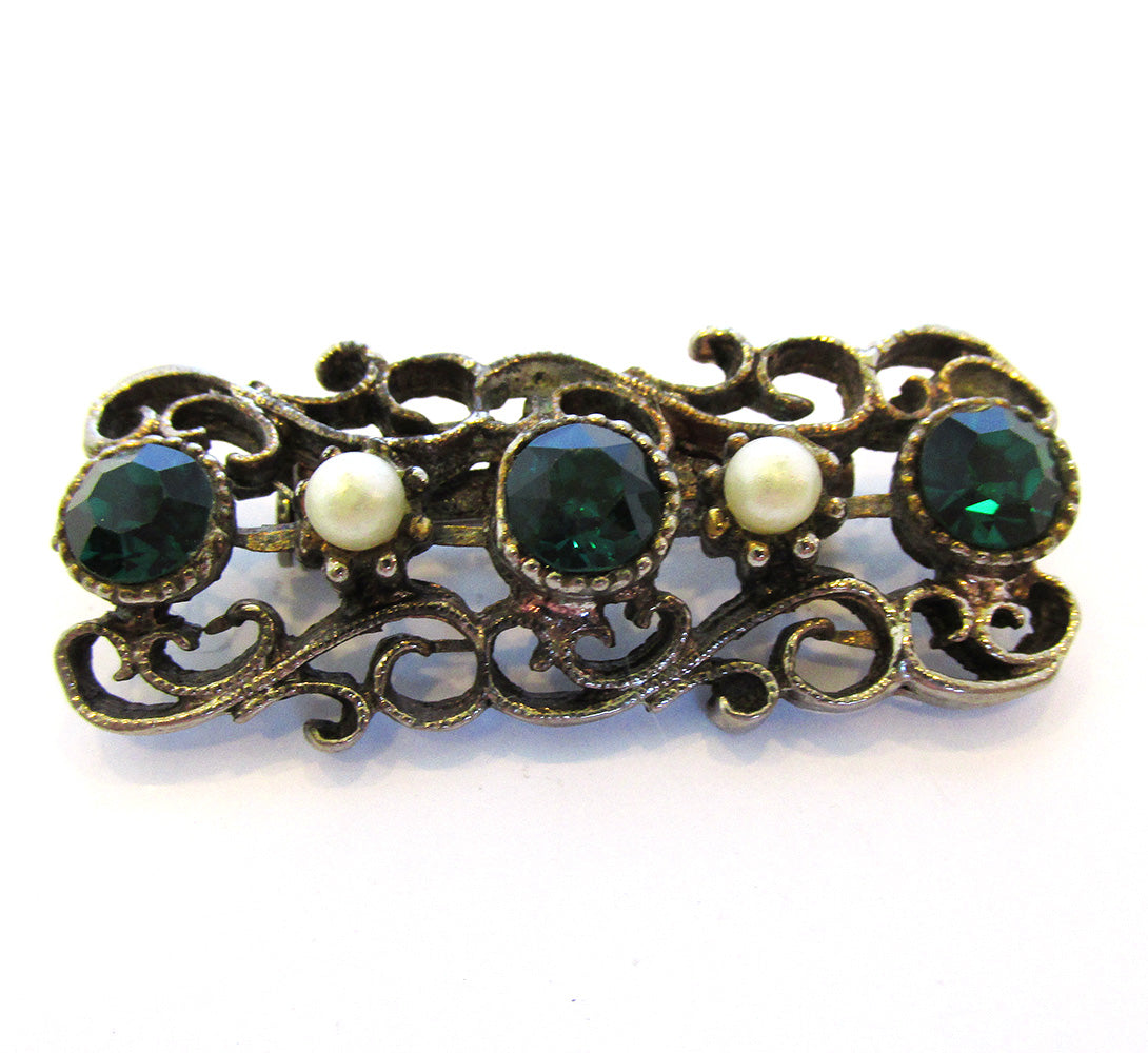Charming Vintage 1960s Gold Tone Rhinestone and Pearl Bar Pin - Front