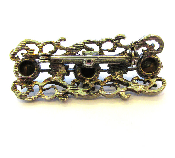 Charming Vintage 1960s Gold Tone Rhinestone and Pearl Bar Pin - Back