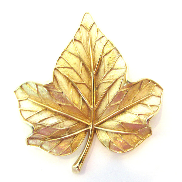 Crown Trifari 1960s Vintage Designer Engraved Leaf Pin - Front