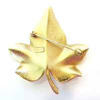 Crown Trifari 1960s Vintage Designer Engraved Leaf Pin - Back - Thumbnail
