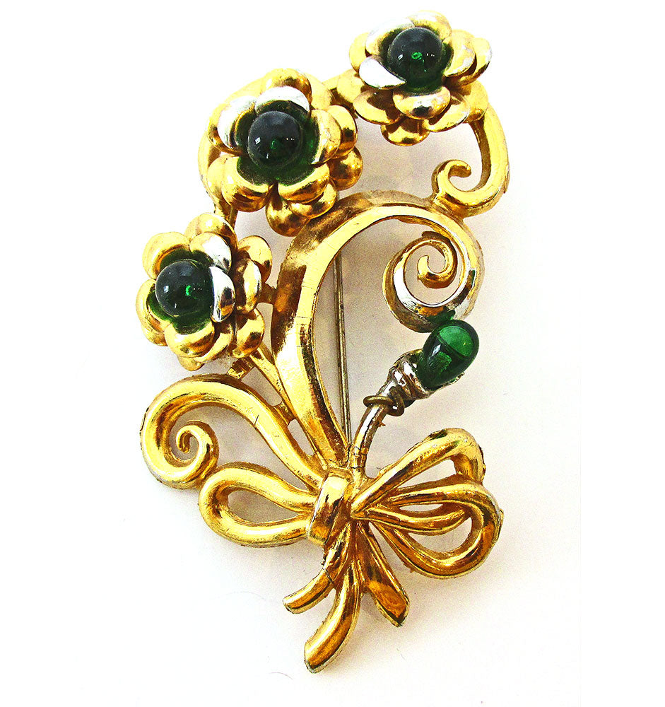 Extraordinary 1940s Vintage Emerald Diamante Floral Bouquet Pin - Front