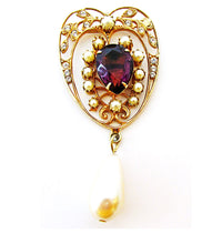 Vintage 1950s Glamorous Diamante and Pearl Heart Shaped Pin - Front - Thumbnail