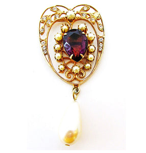Vintage 1950s Glamorous Diamante and Pearl Heart Shaped Pin - Front