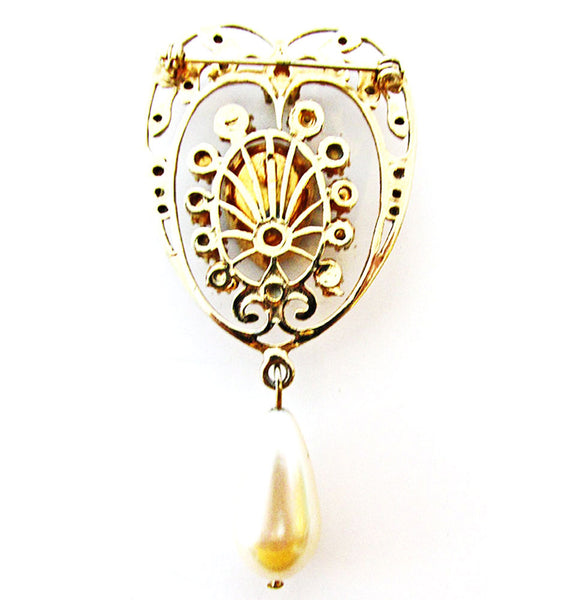 Vintage 1950s Glamorous Diamante and Pearl Heart Shaped Pin - Back