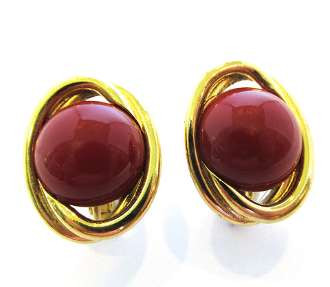 Vintage Trifari 1960s Button Style Carnelian Clip-On Earrings - Front