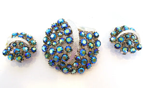 Signed 1950s Vintage Art Designer Diamante Pin and Earrings - Front