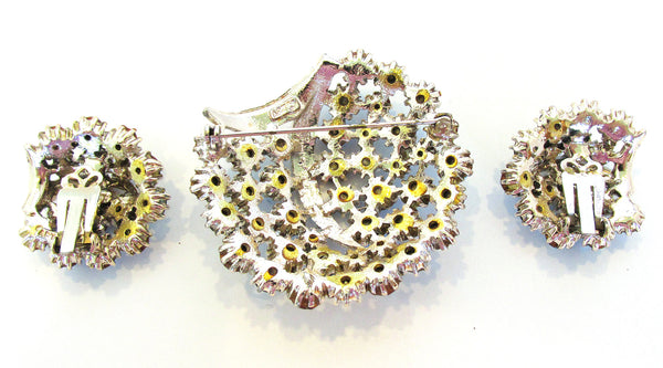 Signed 1950s Vintage Art Designer Diamante Pin and Earrings - Back
