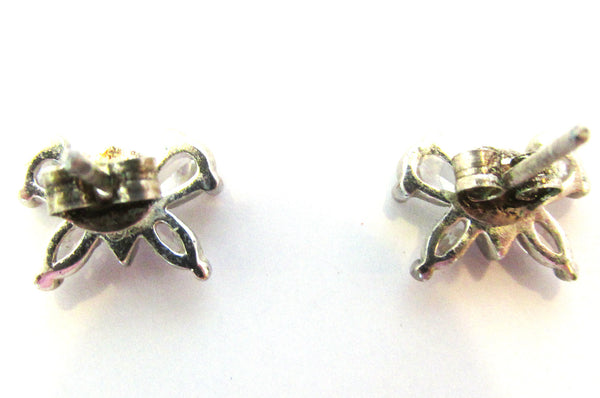 Signed 1980s Cubic Zirconia and Sterling Butterfly Earrings - Back