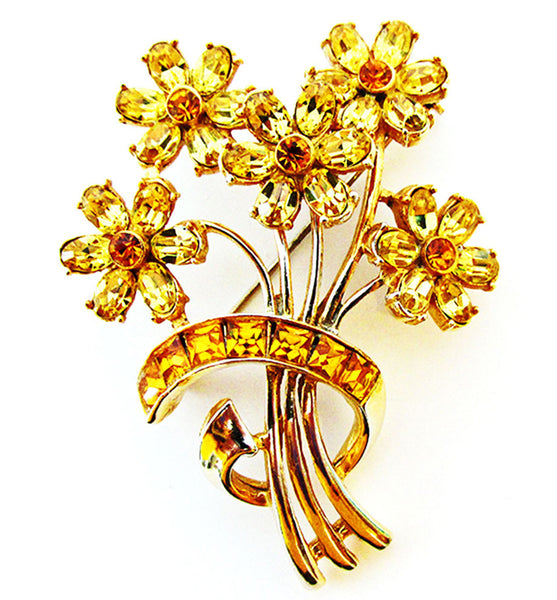 Exquisite 1950s Vintage Sparkling Citrine Diamante Floral Bouquet Pin - Front