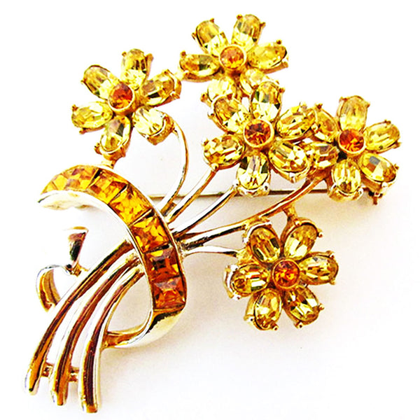 Exquisite 1950s Vintage Sparkling Citrine Diamante Floral Bouquet Pin - Front