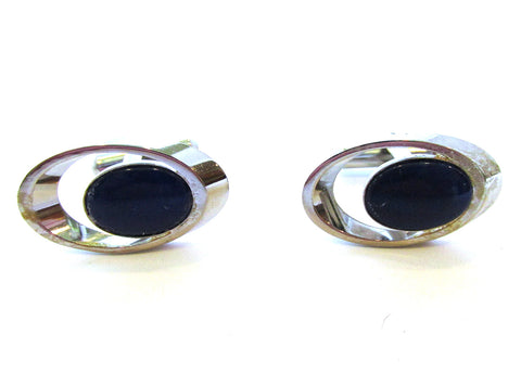 Vintage 1960s Men's Handsome Mid-Century Lapis Oval Cuff Links - Front
