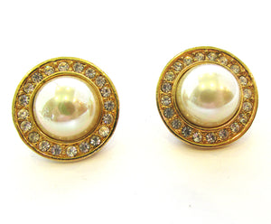 Vintage 1970s Signed Roman Diamante and Pearl Earrings - Front