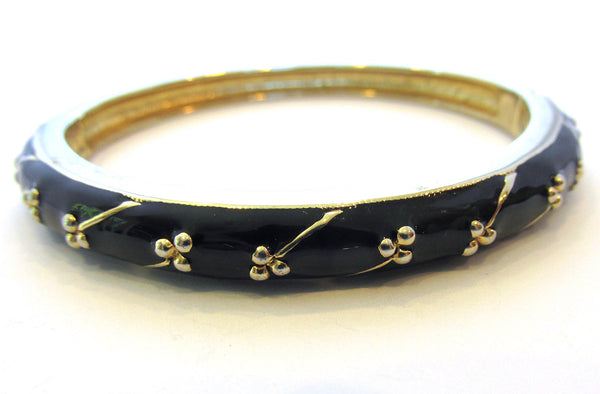Signed Napier 1960s Vintage Designer Black Enamel Bangle Bracelet - Front