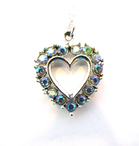 Adorable Vintage 1970s Aurora Borealis Diamante Heart Pendant - Close Up