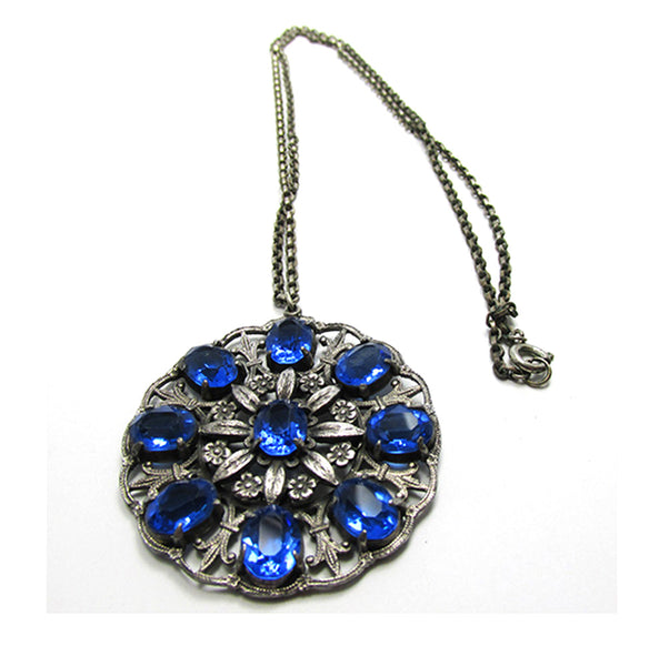 Antique/Vintage 1920s Art Nouveau Blue Diamante Pendant - Close Up