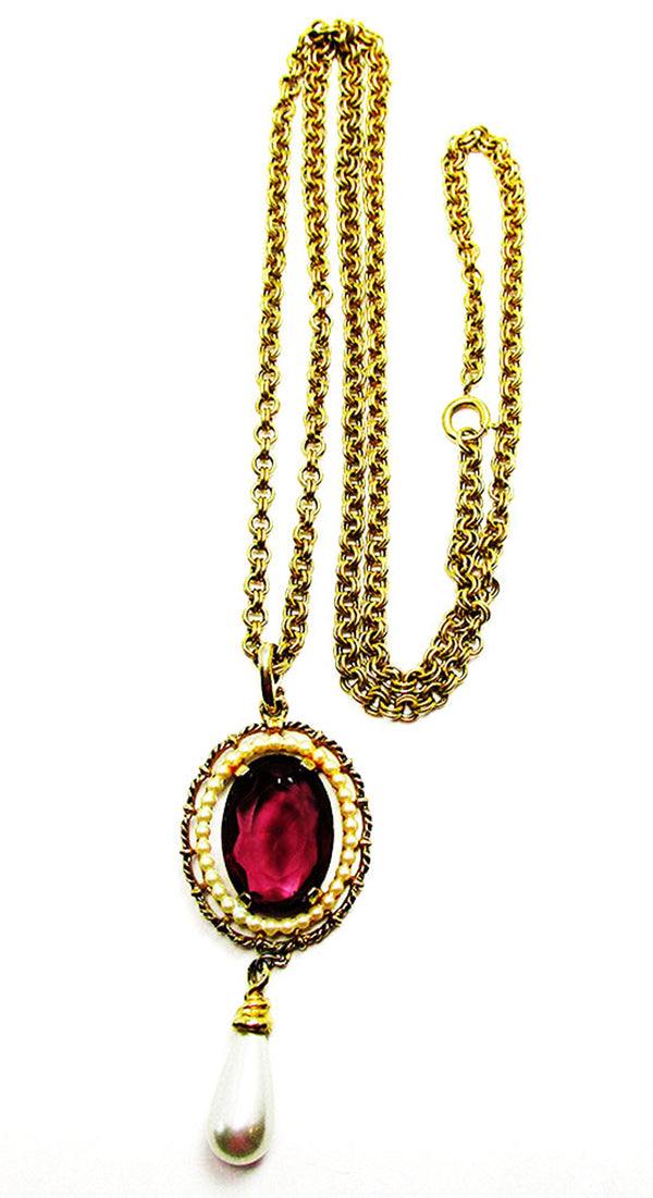 Avon Vintage1960s Amethyst Rhinestone and Pearl Drop Pendant - Front