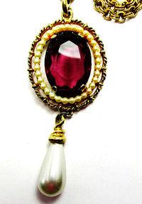 Avon Vintage1960s Amethyst Rhinestone and Pearl Drop Pendant - Front Close Up - Thumbnail