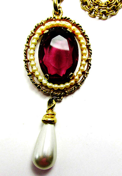 Avon Vintage1960s Amethyst Rhinestone and Pearl Drop Pendant - Front Close Up