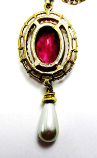 Avon Vintage1960s Amethyst Rhinestone and Pearl Drop Pendant - Back and signature - Thumbnail