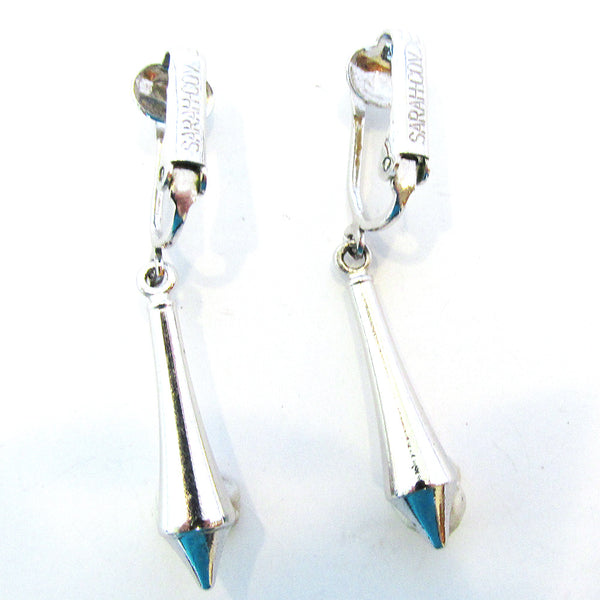Sarah Coventry 1960s Designer Silver Clip-On Drop Earrings - Back