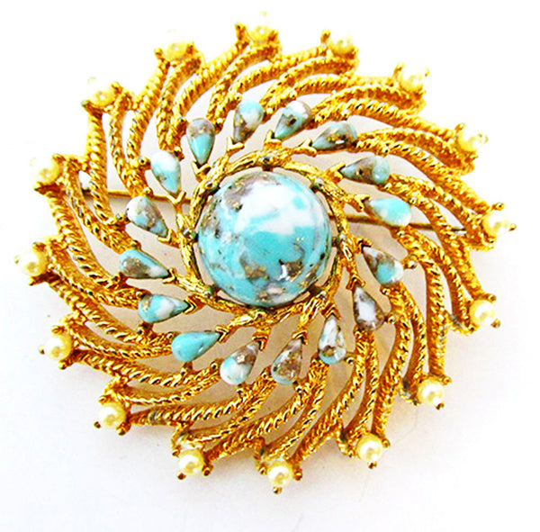 Sarah Coventry 1970s Vintage “Azure Skies” Turquoise and Pearl Swirl Pin - Front