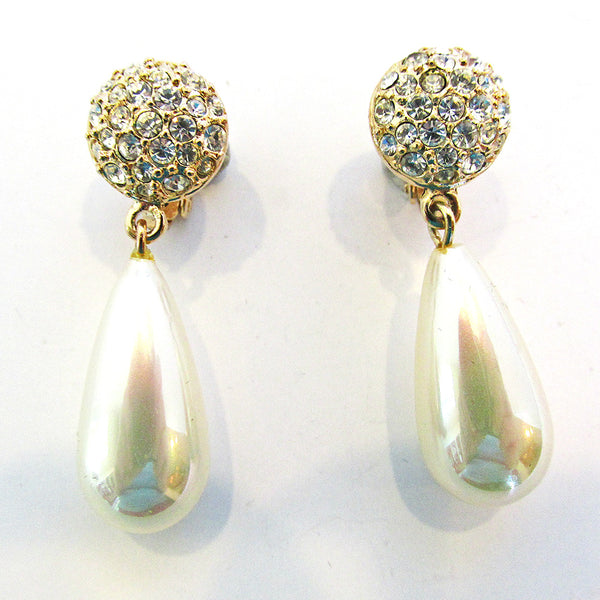 Vintage 1980s Diamante and Pearl Contemporary Drop Earrings - Front