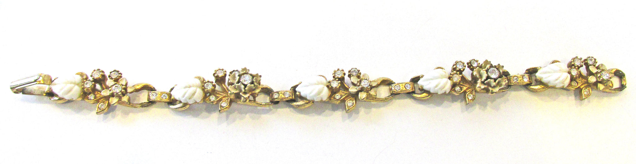 1940s Vintage Enamel and Rhinestone Floral Link Bracelet - Front