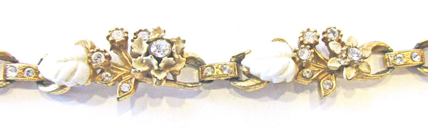 1940s Vintage Enamel and Rhinestone Floral Link Bracelet - Close Up
