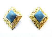 Vintage 1950s Bold Mid-Century Turquoise and Gold Geometric Earrings - Front - Thumbnail