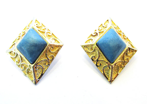 Vintage 1950s Bold Mid-Century Turquoise and Gold Geometric Earrings - Front