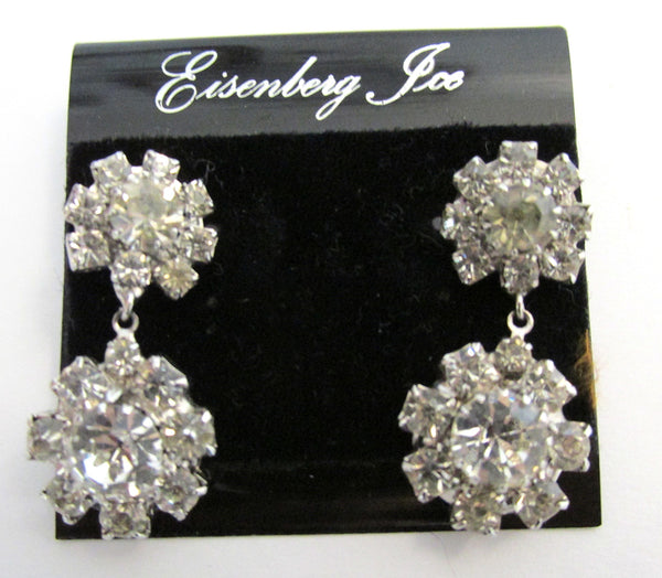 Eisenberg Ice 1950s Sparkling Diamante Floral Drop Earrings - Original Card
